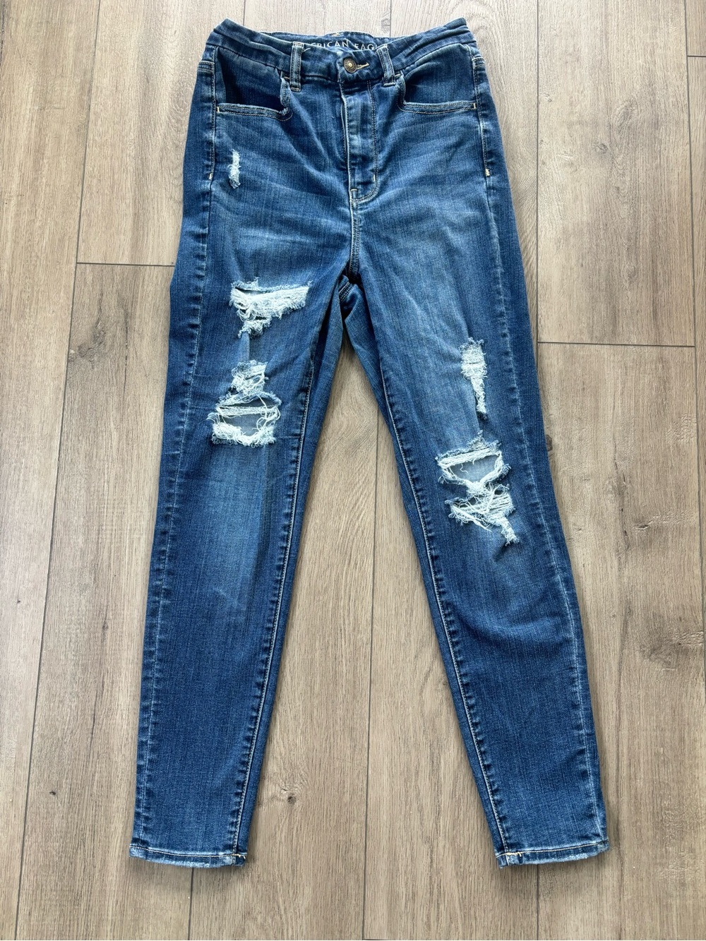 American Eagle Outfitters Distressed Dark Blue Skinny Jeans Curvy Hi-Rise